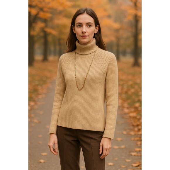 Sundance Turtleneck Sweater M Beige Ribbed Knit  Pullover Cozy Chic Minimalist - Picture 1 of 7